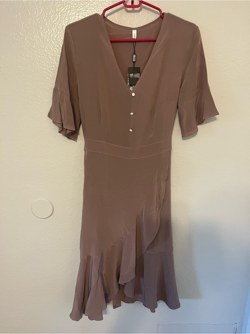 Women's Pure Silk Taupe V-Neck Ruffle Hem Dress